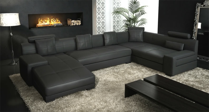πολυτελή καναπέδες μαύρο δερμάτινο καναπέ μπεζ τζάκι μοκέτας