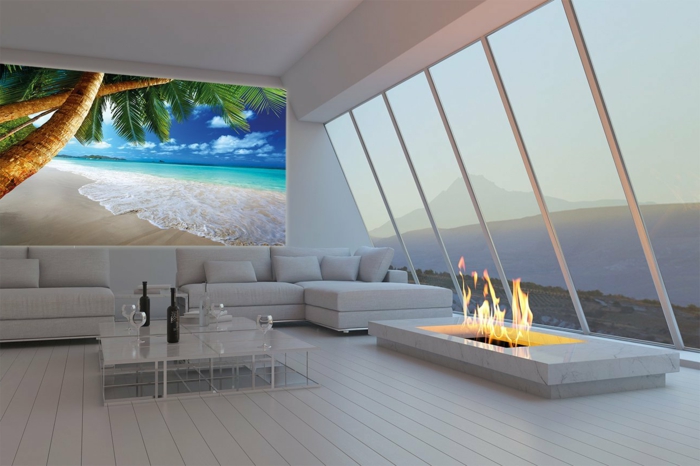 fancy wallpaper beach open fireplace panoramic window