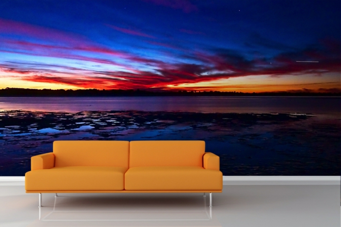 fancy tapet strand solnedgang oransje sofa