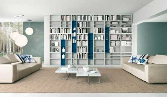βιβλιοθήκη τοίχο χρώμα μπλε καναπέ σύγχρονο σαλόνι μινιμαλιστικό