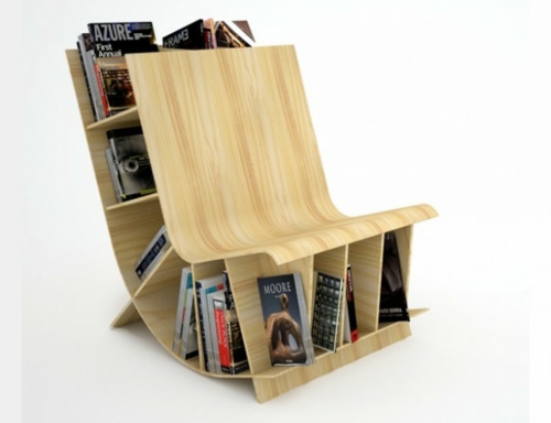 bookshelves made of light wood swinging form