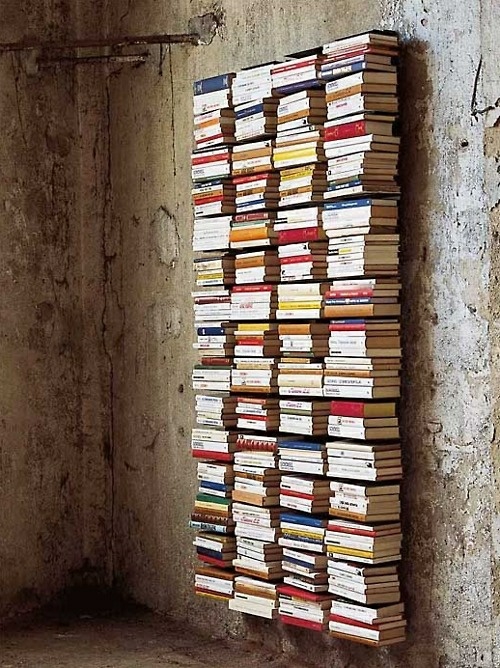 bookshelves in columns on the wall