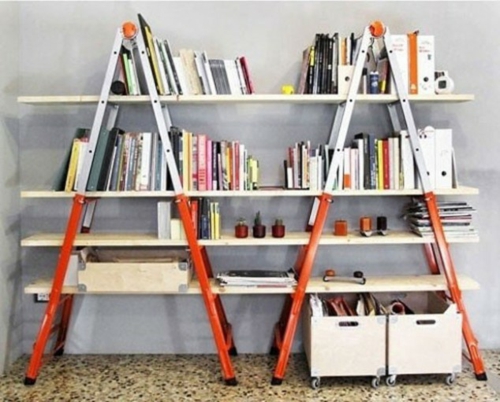 bookshelves long boards and aluminum ladder
