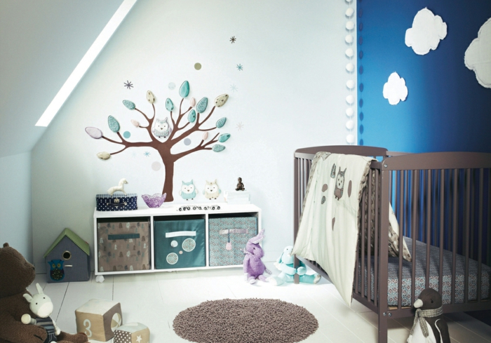 бебешки легла постелки сини стени облаци стена decal дърво