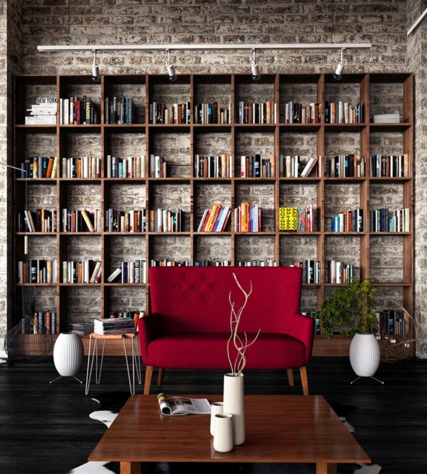 baksteen behang huis bibliotheek open boekenplank hout baksteen behang