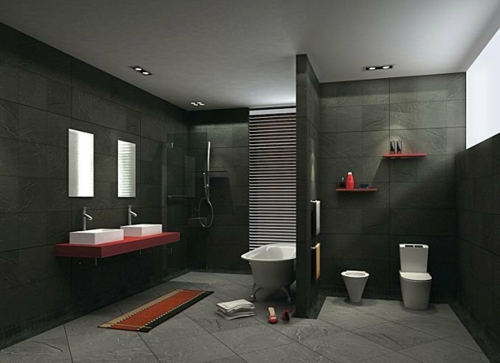 kylpyhuone sisustus tumma seinä laatat punainen aksentti seinälle