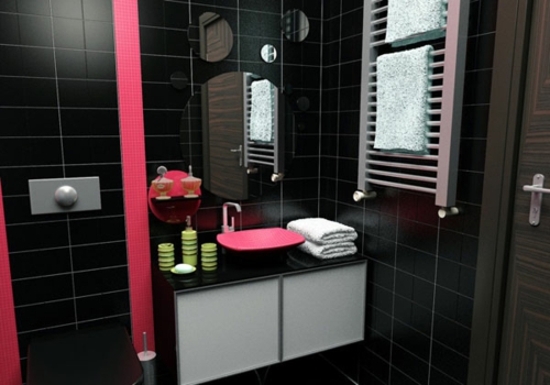 Kylpyhuoneen kalusteet musta seinälaatat vaaleanpunaiset aksentit pyöreät peilit