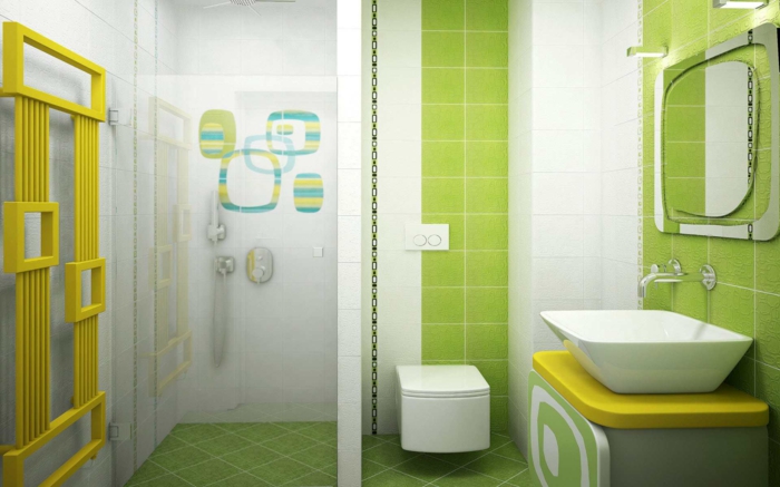 πλακάκια μπάνιου χρώματος πράσινο κίτρινο accents ιδέες μπάνιο