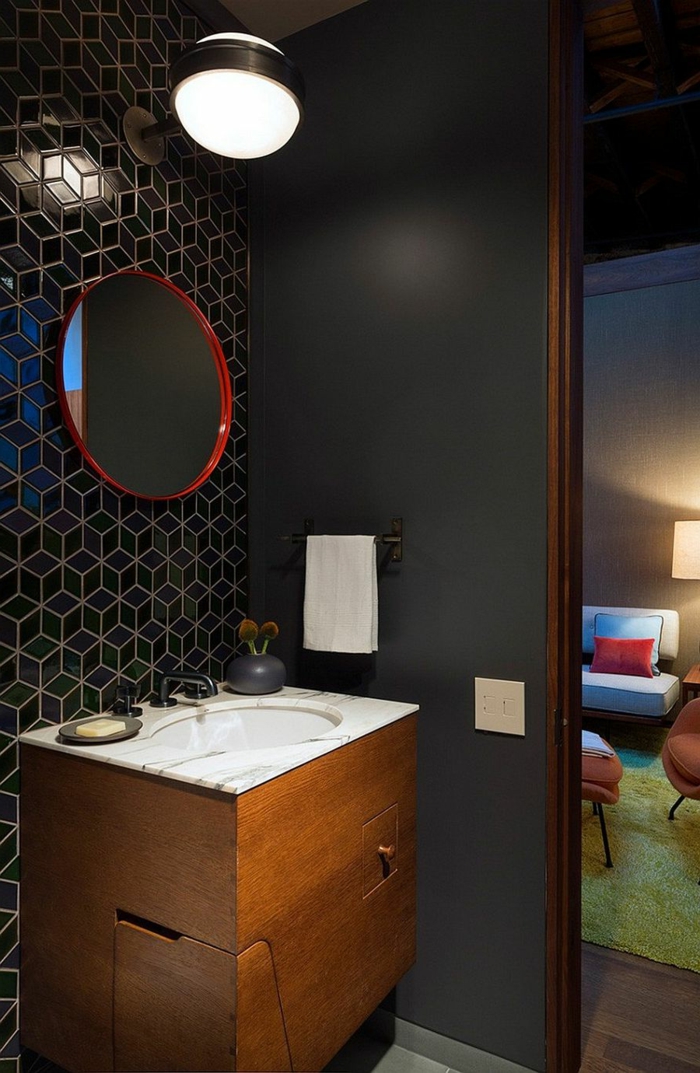 πλακάκια μπάνιου γεωμετρικά πλακάκια τοίχου γύρο τοίχο καθρέφτη μαύρο τοίχο