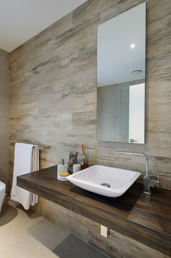 μπάνιο πλακάκια ξύλο ματαιοδοξία ιδέες μπάνιου τοίχο καθρέφτη