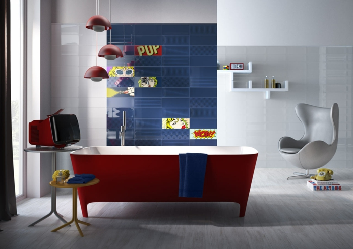 πλακάκια μπάνιου κεραμικά πλακίδια τοίχου πολυτελή μπανιέρα κόκκινη πολυθρόνα