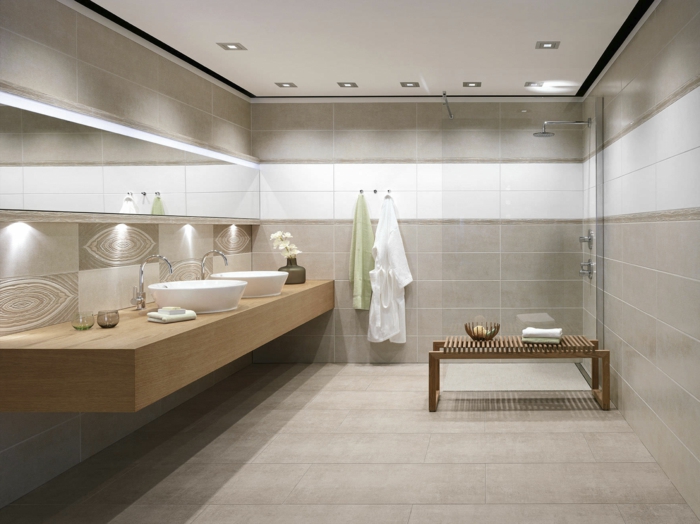 πλακάκια μπάνιου ουδέτερες αποχρώσεις ιδέες μπάνιου μπάνιο καθρέφτη πλευρικός πίνακας φωτισμού