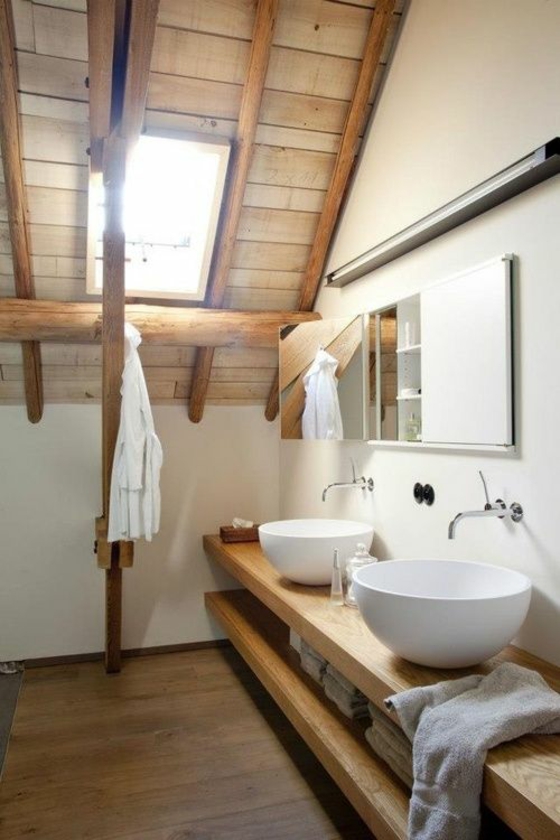 μπάνιο σε ρουστίκ στιλ διακόσμηση ξύλινα ράφια τοίχων ως μονάδες ματαιοδοξία