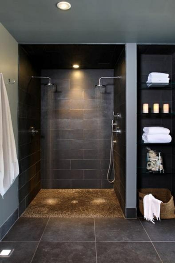 bathroom with double shower head dark color scheme