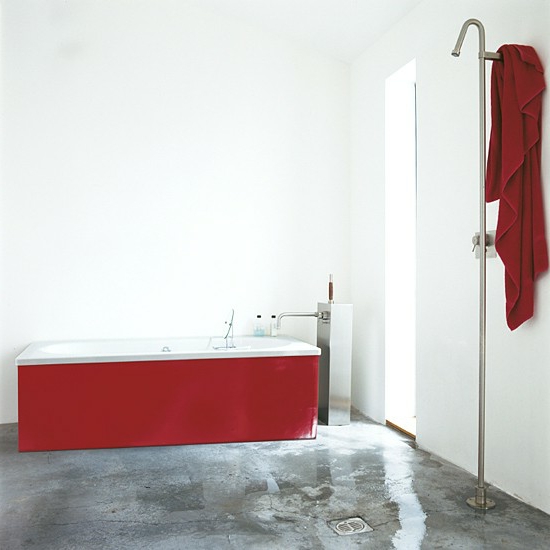 towel shower spray bathroom red bathtub