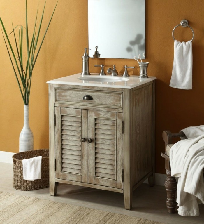 salle de bains shabby chic style de vie tressé panier table en bois meuble