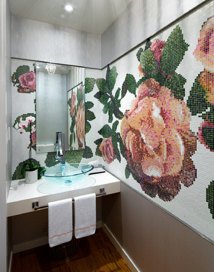 πλακάκια μπάνιου μωσαϊκό δροσερό μοτίβο floral ιδέες μπάνιο