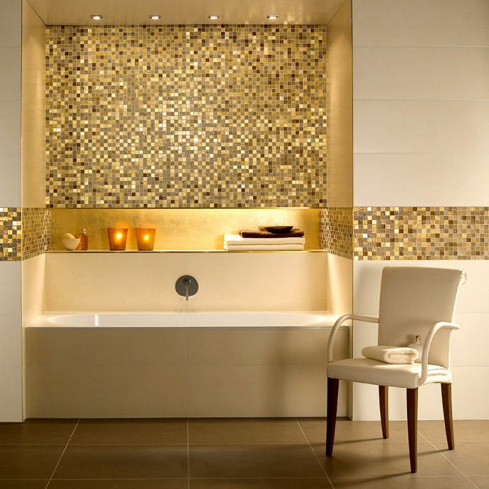 πλακάκια μπάνιου μωσαϊκό πλακάκια χρυσό δάπεδο πλακάκια μπανιέρα κεριά φωτισμός