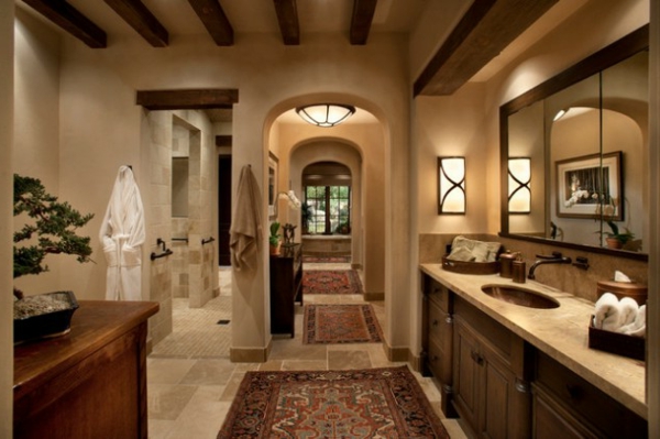 vonios kambario dizainas vonios plytelės persų kilimų lubų sijos