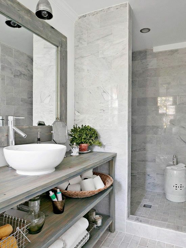 badeværelse design ideer træ møbler vask badeværelse fliser grå