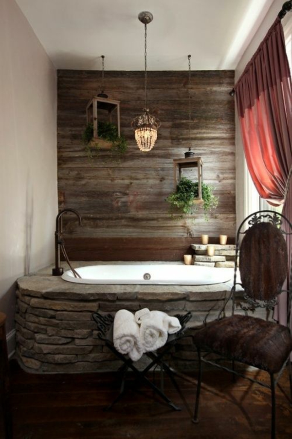 badeværelse design ideer væg dækker træ badekar sten