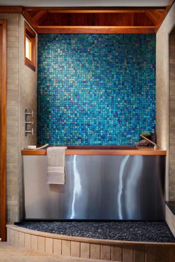 bathroom design with glass mosaic tub