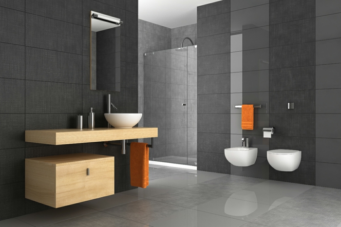 bathroom furniture dark wall design orange towels