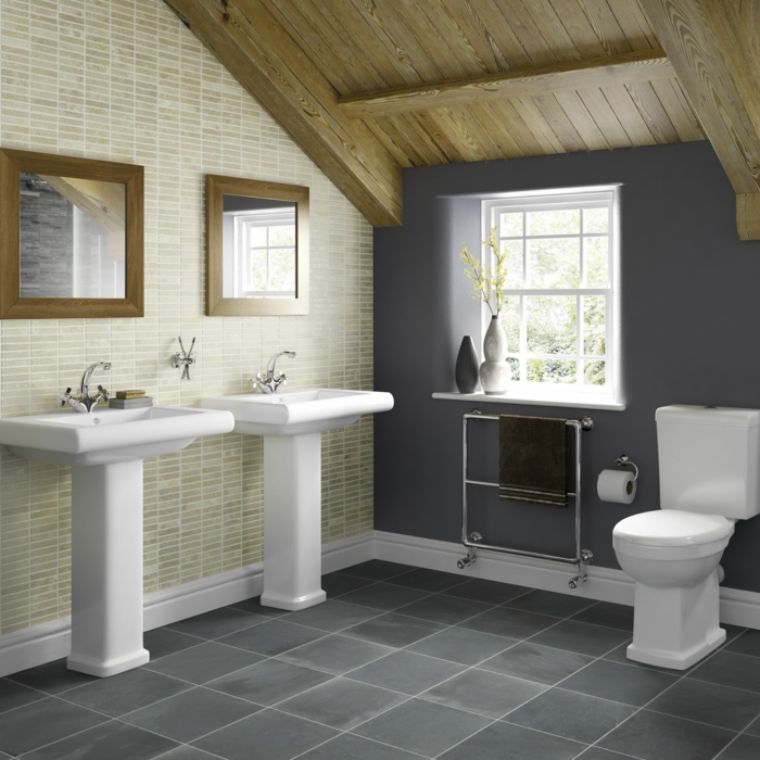 kylpyhuone laatat ideoita pienet seinälaatat harmaa lattialaatat peili