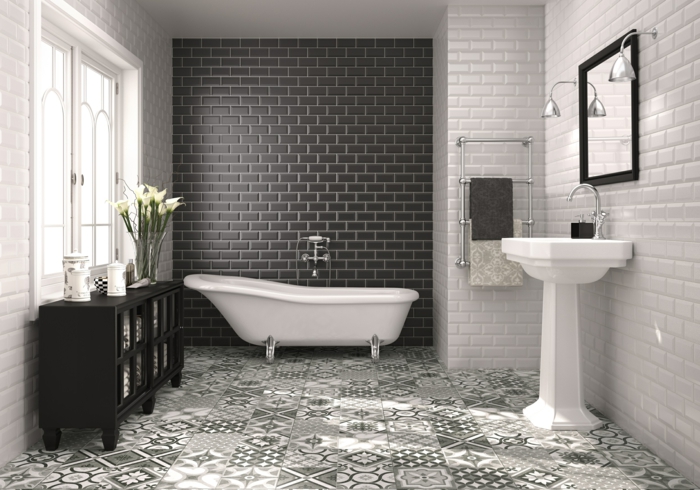 kylpyhuone laatat ideoita musta valkoinen seinälaatat kaunis lattia kasveja