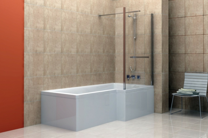 kylpyhuone laatat tyylikäs seinälaatat oranssi aksentti seinän epätavallinen kylpyamme