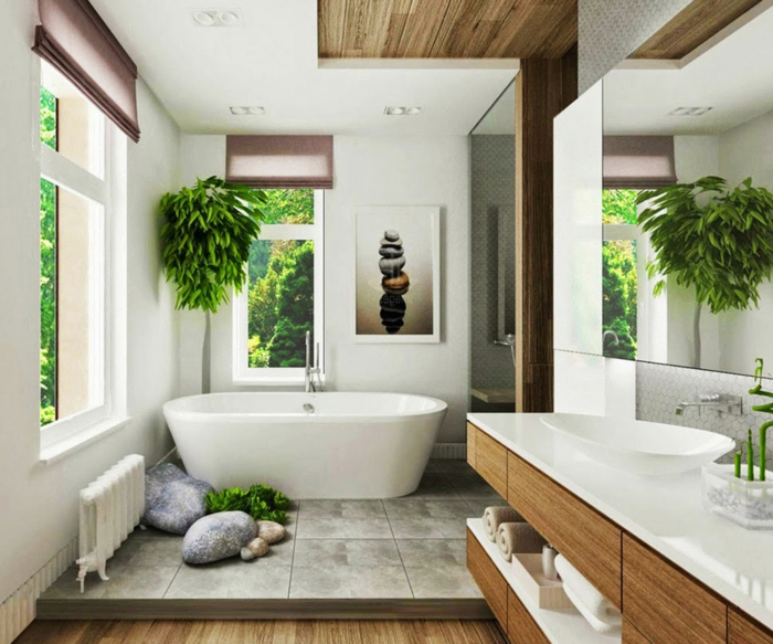 kylpyhuone ideoita lattialaatat kasvien maalaukset ikkuna