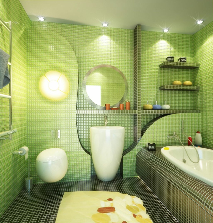 kylpyhuone ideoita vihreä kylpyhuone laatat mosaiikkilaatat avoimet hyllyt