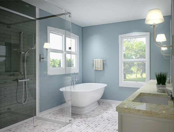 أفكار الحمام غرف صغيرة فسيفساء بلاط الأرضيات الضوء الأزرق جدار الطلاء الدش