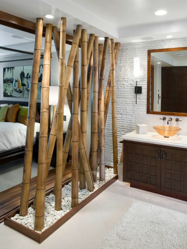 أثاث الحمام الخيزران أسلوب التقسيم الآسيوية جدار الحمام غرفة نوم الحصى