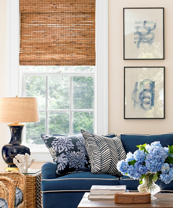 bamboo blind tightly rolled up navy blue couch