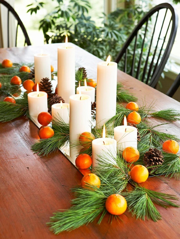 ambachtelijke ideeën kerst tafel decoratie ideeën kaarsen naaldhout climentines
