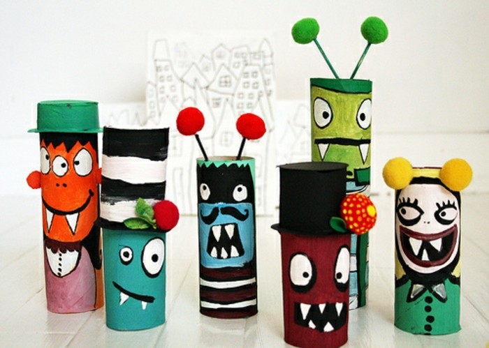 knutselen met wc-papier rolt diy ideeën versieren ideeën met kinderen monster feest