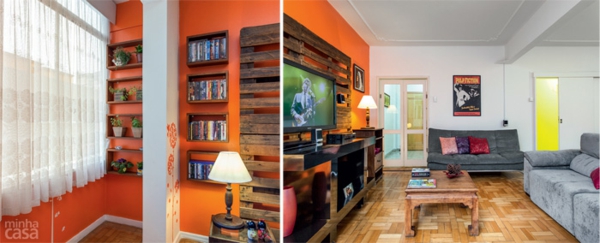 bouwen met paleten tv living wand woonkamer muurverf oranje wandplanken hout