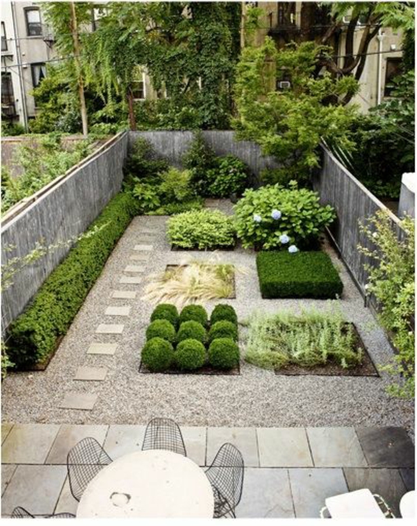 exemples de jardinage moderne plantes de jardin gravier mur en béton