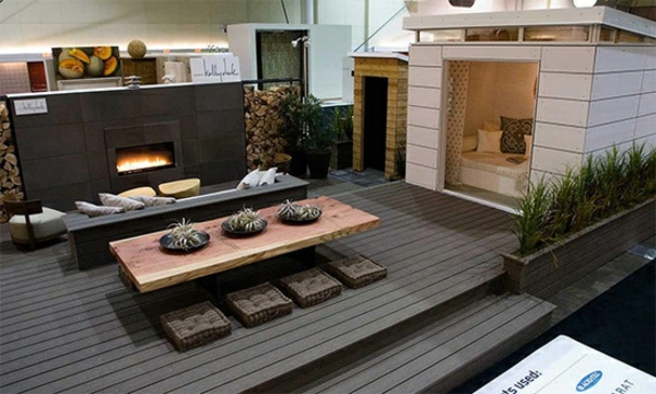 exemples de cheminée moderne de plancher de bois de conception de jardin