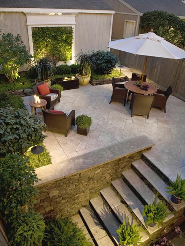 příklady moderního zahradního designu patio sezení slunečník