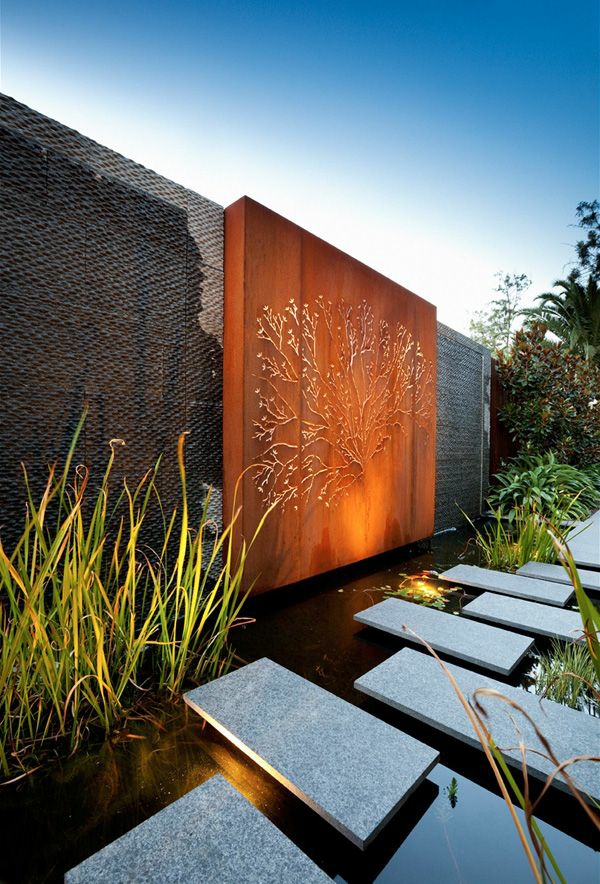 παραδείγματα μοντέρνων σχεδιασμών κήπων πέτρινες πλάκες ξυλογραφία