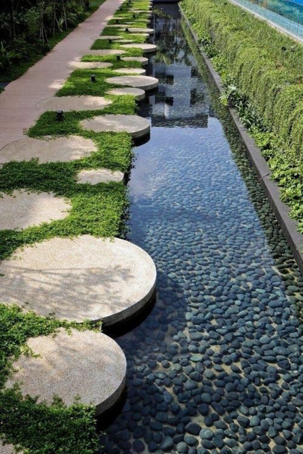exemples de conception de jardin moderne caractéristique sol en pierre de l'eau