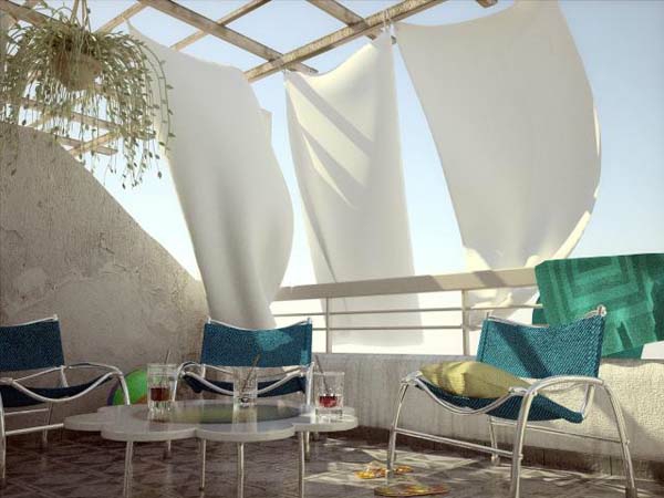 balcón cómodo diseños ideas cortinas aireadas brillantes