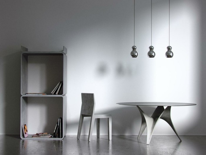 Los muebles de concreto de diseño en sí hacen que los ejemplos de instalación sean grises