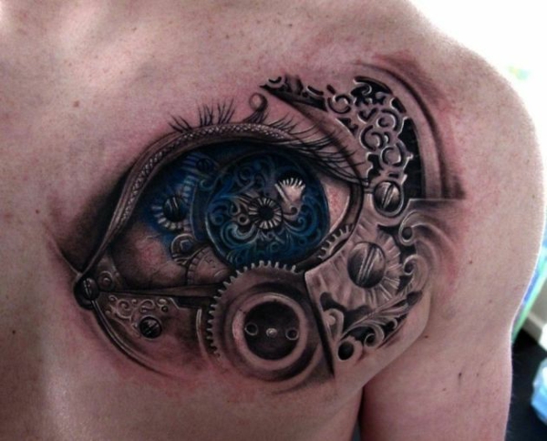 biomécanique tatouage hommes dos oeil bleu