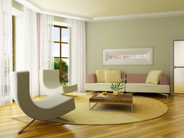 šviesiai žalios sienos spalvos gyvenamasis kambarys atviras ergonomiškas fotelis