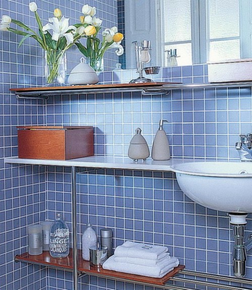blue tile bathroom small shelves beauty products