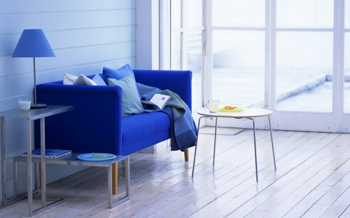 blauwe sofa blauwe accenten woonkameropstelling