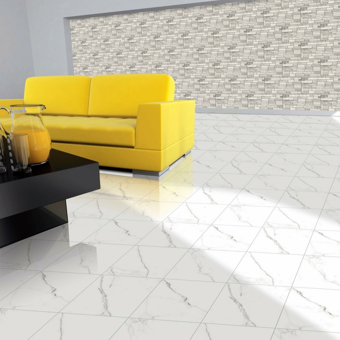 gulvfliser design stue sette opp gul sofa svart salongbord